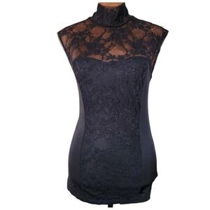 Y2K Body Central Black Lace Top Mock Neck Going Out Size L Stretch Black